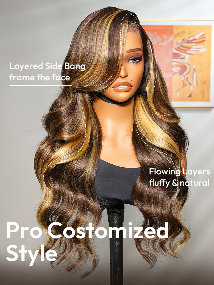 Glueless Honey Blonde Highlight Wigs Loose Body Wave 13x6 Lace Front Human Hair Wig