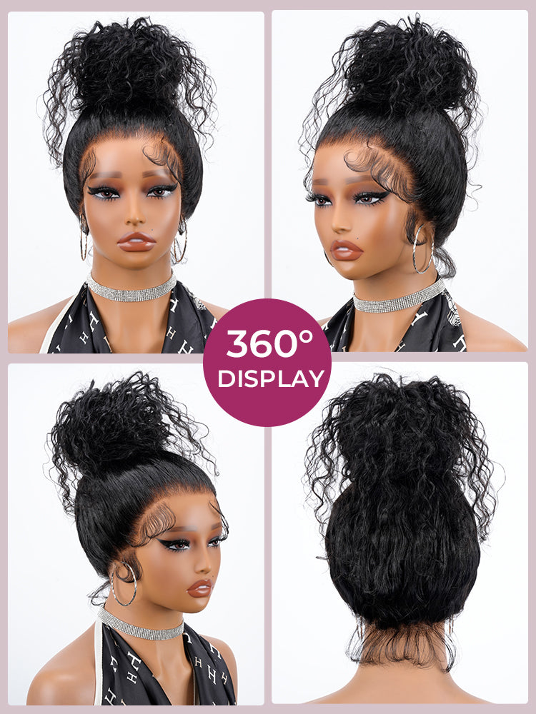 Glueless Invisi-Drawstring Flexible Fit 360 Lace Frontal Wigs Water Wave Wigs With Bleached Knots