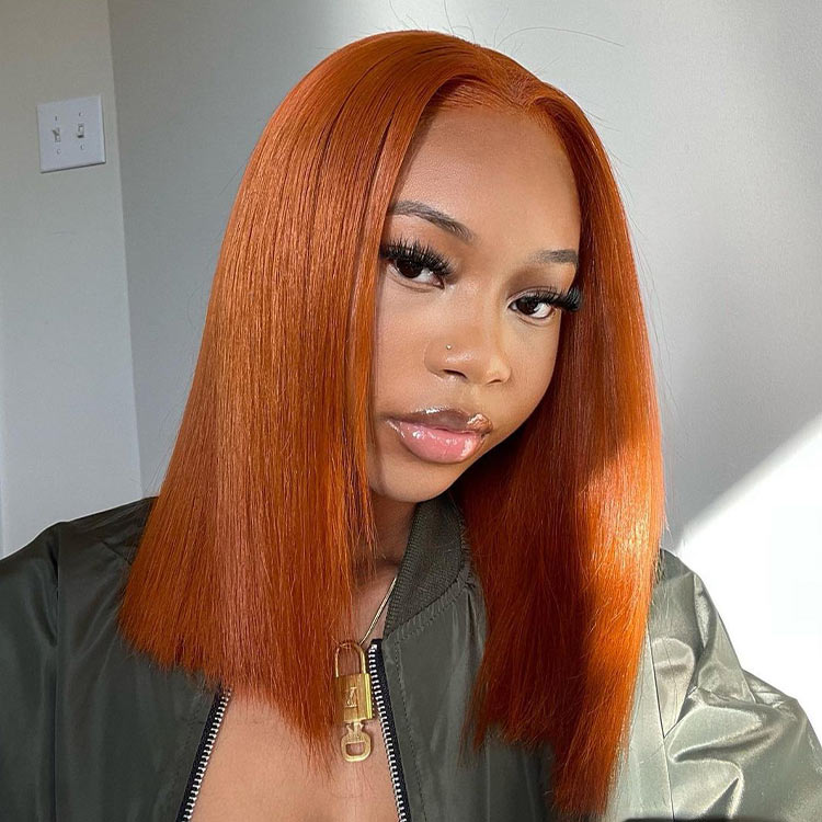 Straight Copper Colored Bob Blunt Cut Shoulder Length Hair wig