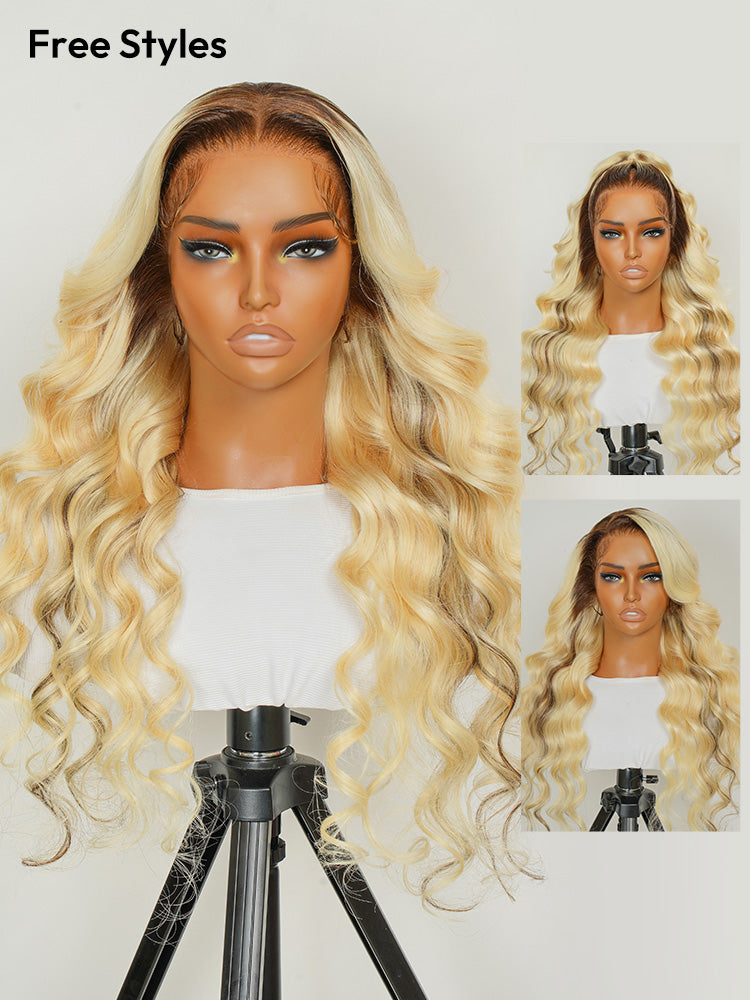 Blonde Ombre Wig Body Wave Human Hair Lace Front Wig With Dark Roots