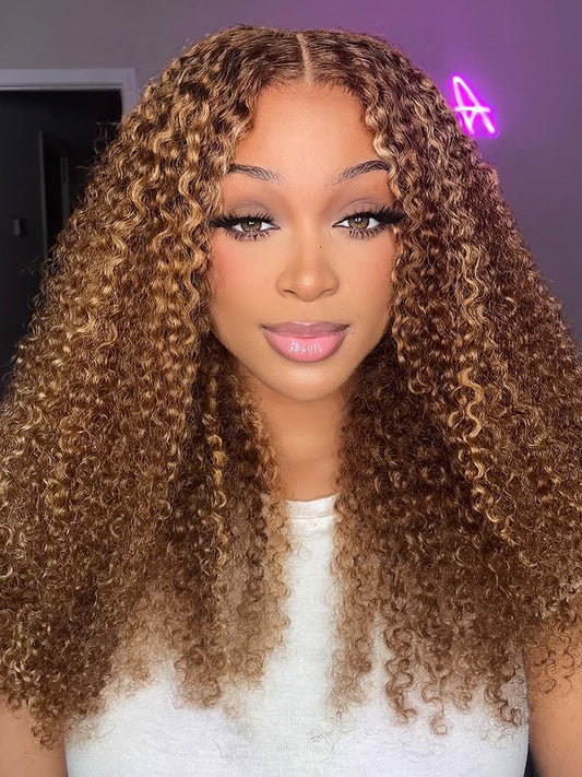 Glueless Invisi Drawstring 360 Lace Wig Curly Highlight Ombre Color Wig