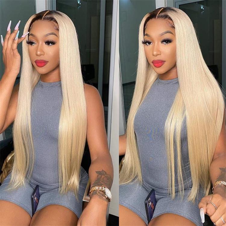 1b/613 Ombre Human Hair Straight Wigs Blonde With Dark Roots Lace Front Wig