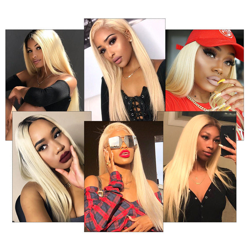 1b/613 Ombre Human Hair Straight Wigs Blonde With Dark Roots Lace Front Wig