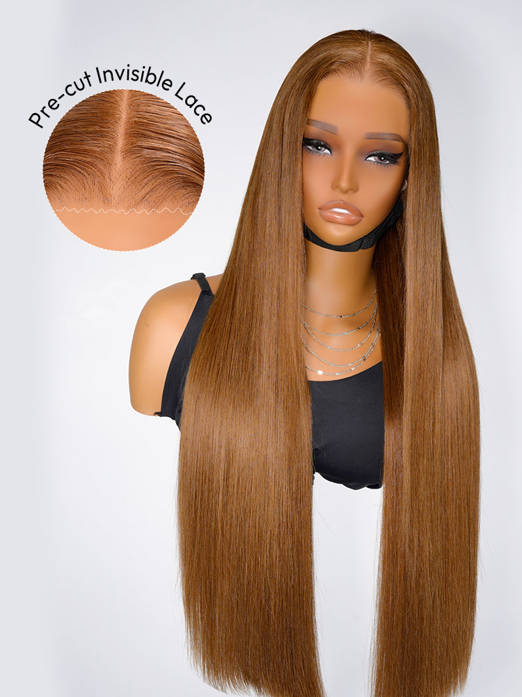 Glueless Caramel Brown Widows Peak M Hairline Silky Straight Transparent Lace Frontal Wig