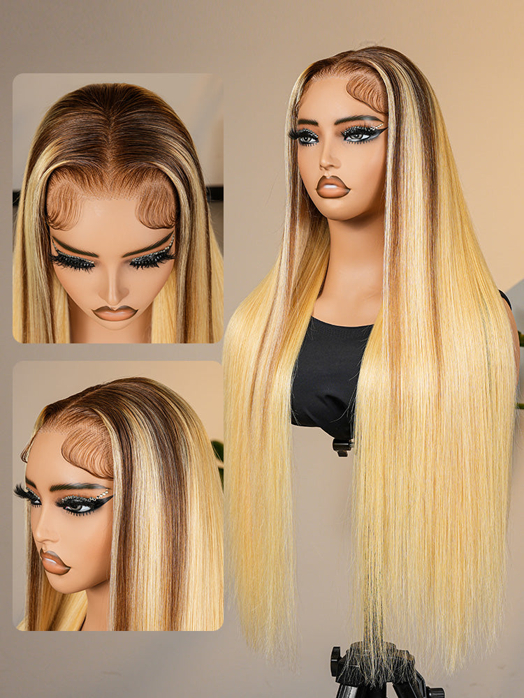 Blonde Ombre Wig Super Invisible LY Lace Wig Straight Human Hair With Dark Roots