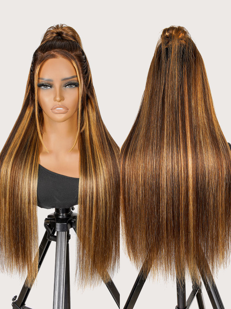 Brown and Honey Blonde Highlight Glueless Silky Straight 13x4 Lace Front Wig