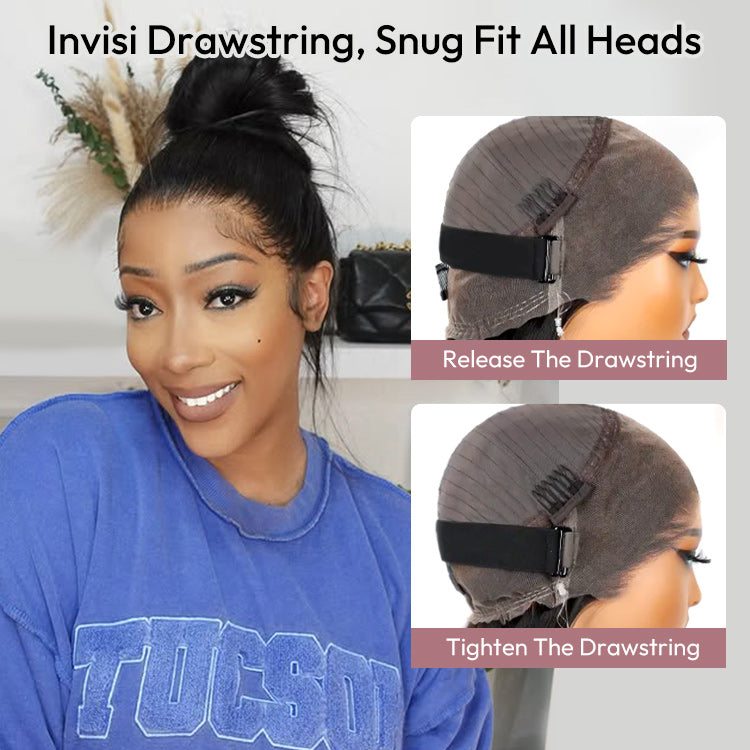 Invisi Drawstring 360 Lace Frontal Straight Human Hair Wigs Bleached Knots Pre Cut Lace Wig