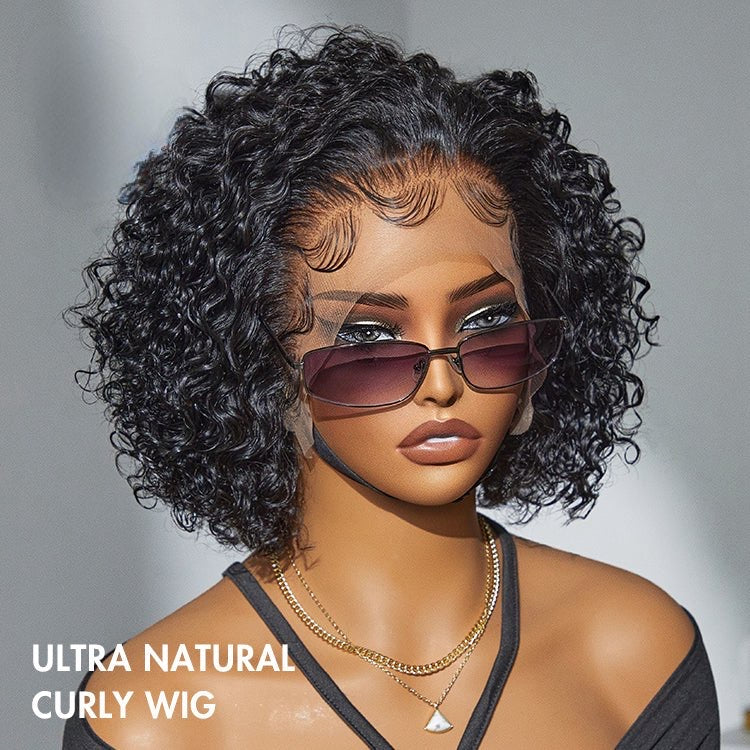 Jet Black / Brown Highlight Short Cut Slicked Back Curly Ear-to-ear Wide T Lace Wig