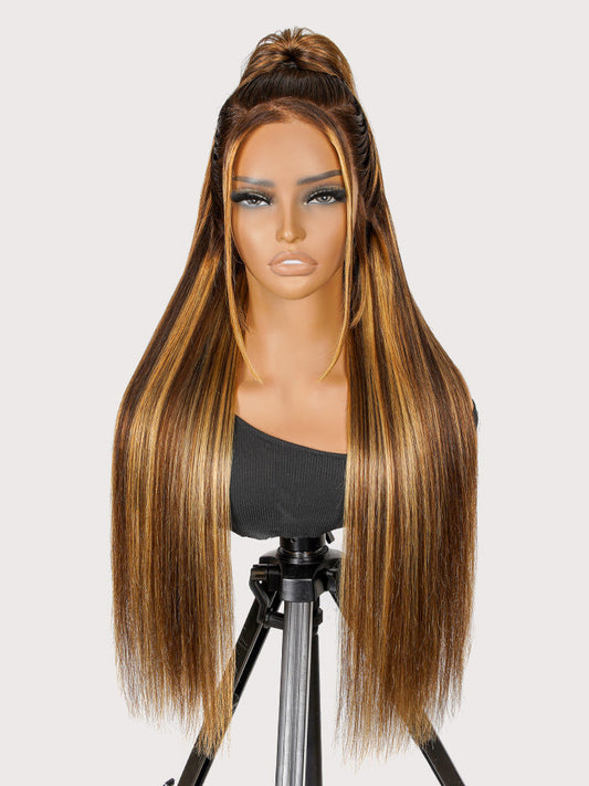 Brown and Honey Blonde Highlight Glueless Silky Straight 13x4 Lace Front Wig