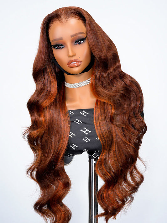 Lagos Hairline Body Wave Dark Burnt Orange Highlight Wig Human Hair Glueless 13x4 Lace Front Wig