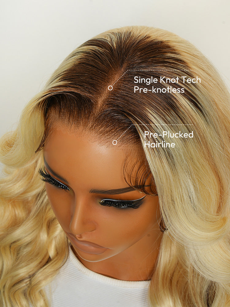 Blonde Ombre Wig Body Wave Human Hair Lace Front Wig With Dark Roots