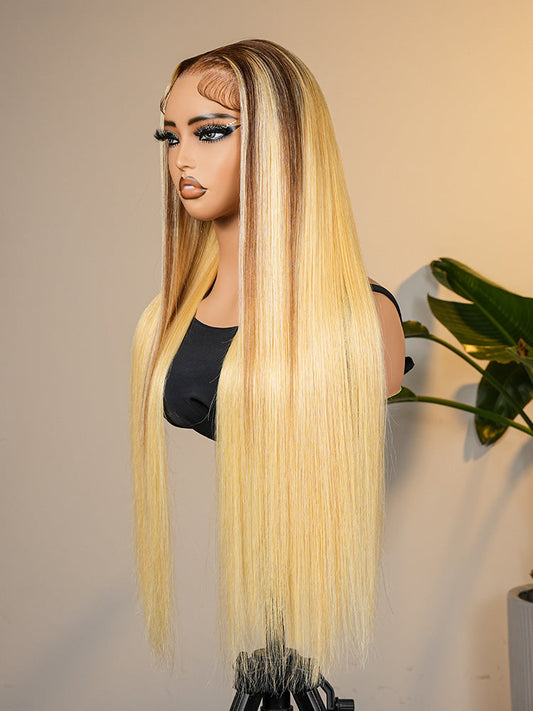 Blonde Ombre Wig Super Invisible LY Lace Wig Straight Human Hair With Dark Roots