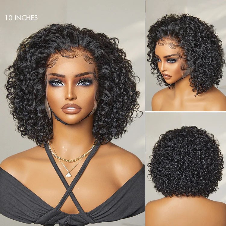 Jet Black / Brown Highlight Short Cut Slicked Back Curly Ear-to-ear Wide T Lace Wig