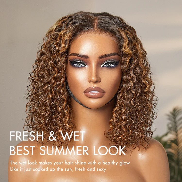 Ombre Brown Highlight / Natural Black Deep Curly Glueless 5x5 Closure Lace Wig