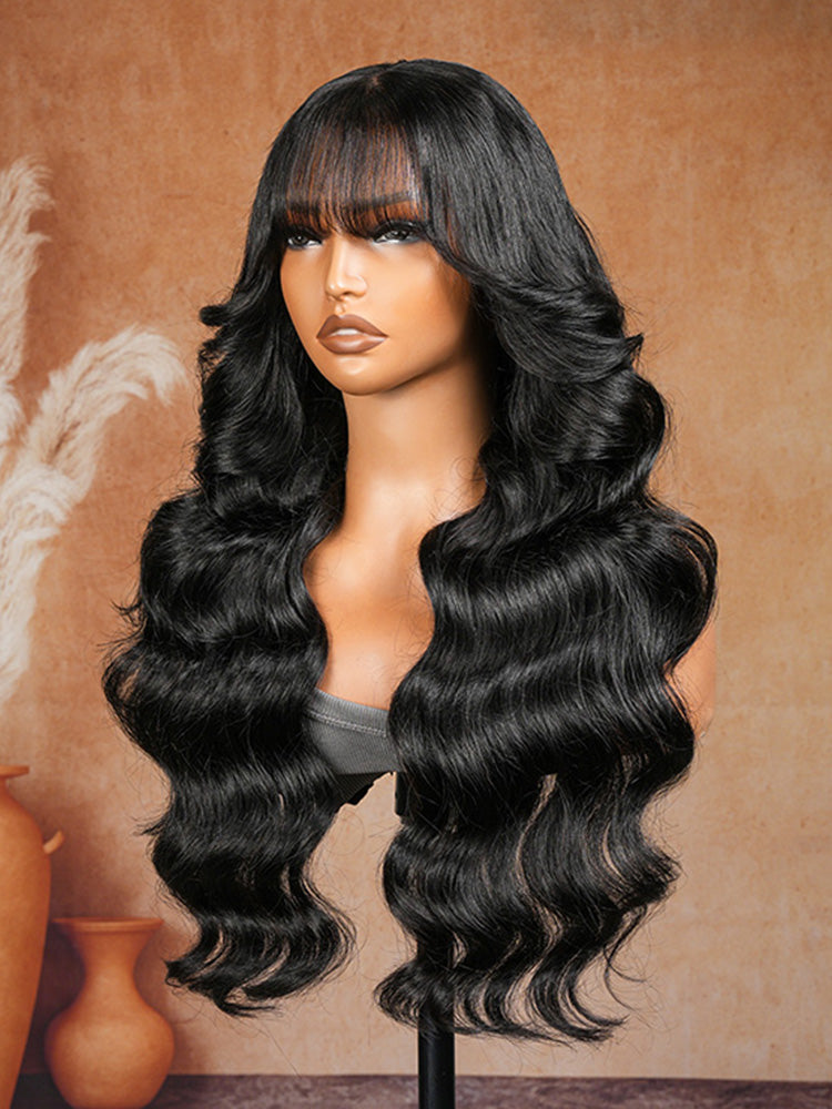 Black Fluffy Natural With Curtain Bangs Wig