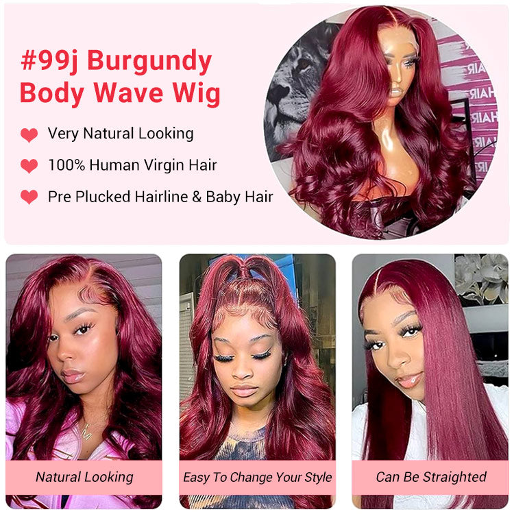 99J Body Wave Lace Front Wigs Affordable Burgundy Colored Human Hair Wig