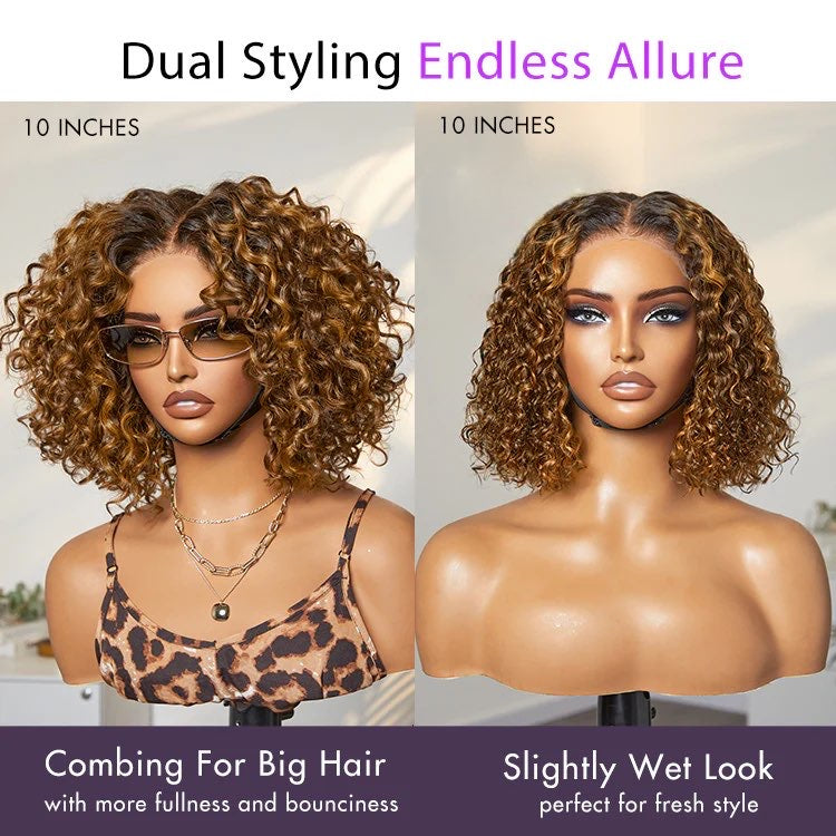 Ombre Brown Highlight / Natural Black Deep Curly Glueless 5x5 Closure Lace Wig