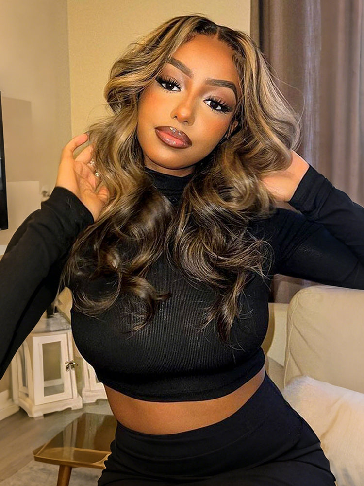 Glueless Black With Honey Blonde Highlights Body Wave Piano Colored 13*6 Lace Front Wig