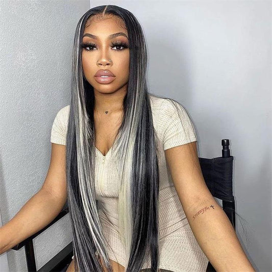 Straight Black Wigs With Gray Highlights Lace Front Wig