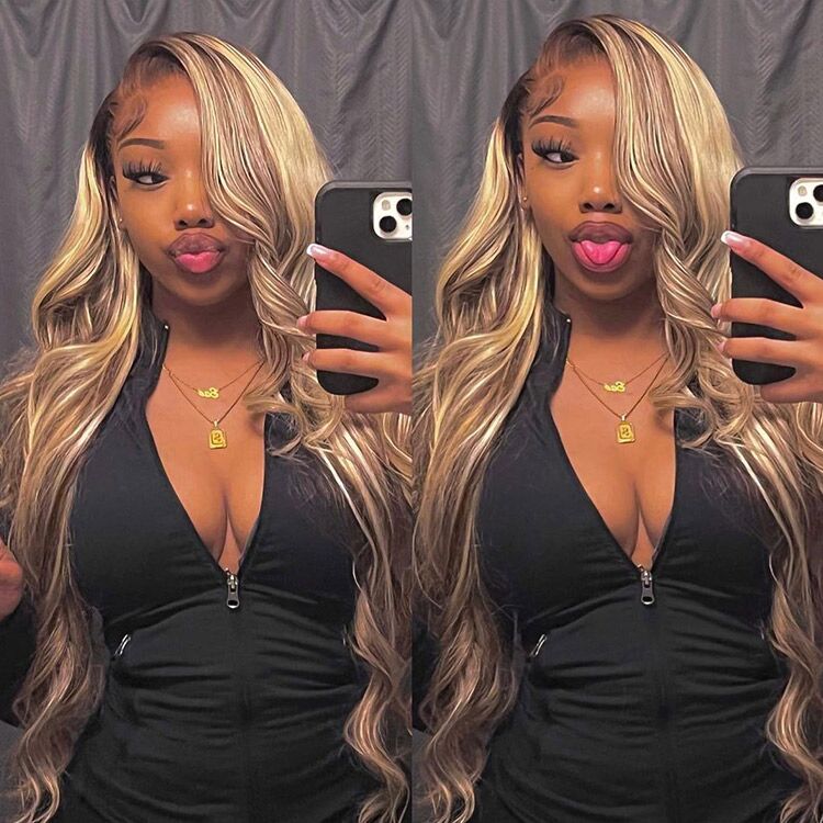 Blonde Highlight Wig Body Wave Dark Brown Wig With Blonde Highlights