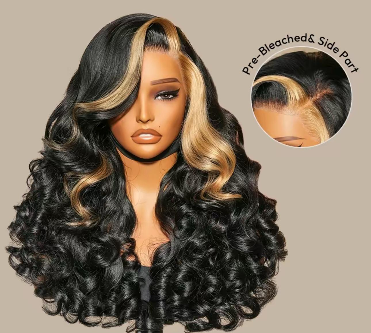 Skunk Stripe Wig with Honey Blonde Highlights Body Wave Human Hair Lace Frontal Wig