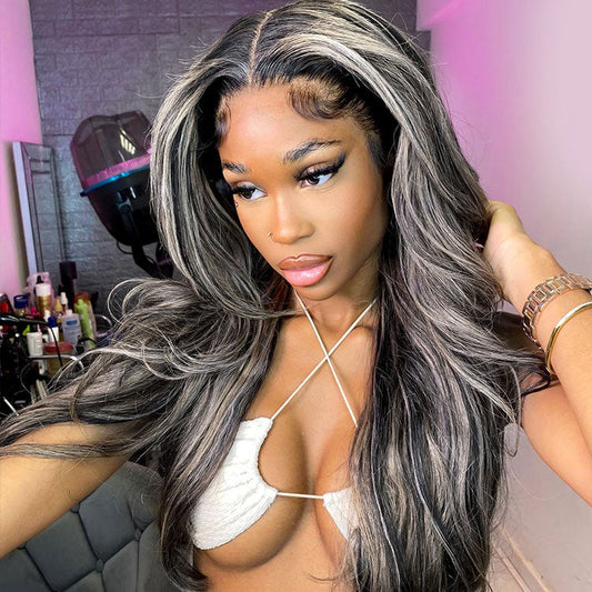 Body Wave Highlight Wigs Black Human Hair Wigs With Grey Highlights