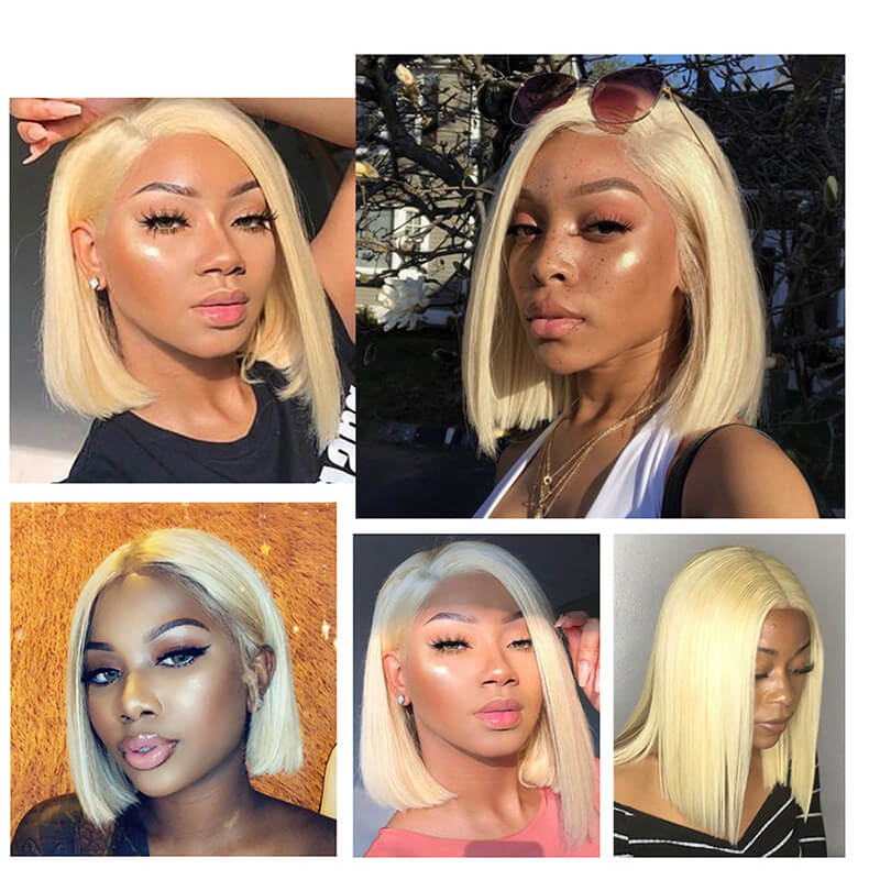 613 Blonde Color Straight Lace Bob Wigs Middle Part Short Blonde Bob Wig