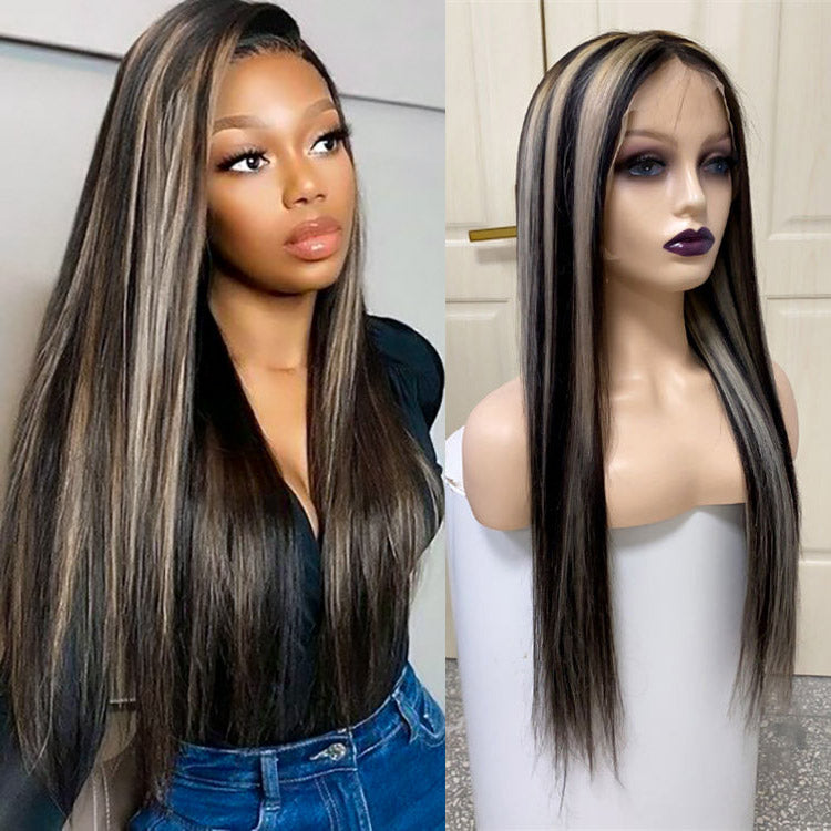 Straight Black Wigs With Gray Highlights Lace Front Wig