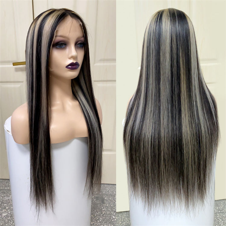 Straight Black Wigs With Gray Highlights Lace Front Wig