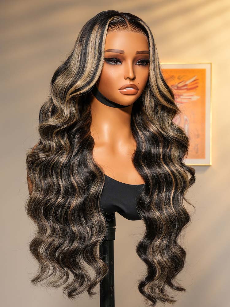 Glueless Black With Honey Blonde Highlights Body Wave Piano Colored 13*6 Lace Front Wig
