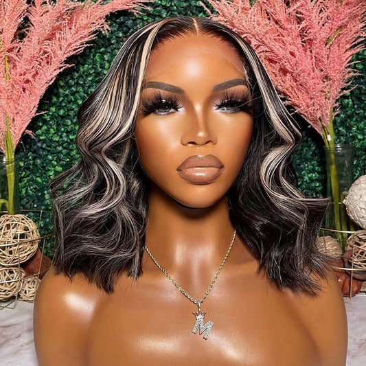 Black Bob With Highlights Middle Part Bob Lace Wig