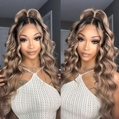 Ash Blonde Wig With Dark Roots Body Wave Ombre Lace Front Human Hair Wig