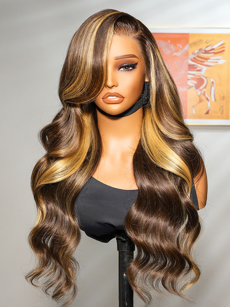 Glueless Honey Blonde Highlight Wigs Loose Body Wave 13x6 Lace Front Human Hair Wig
