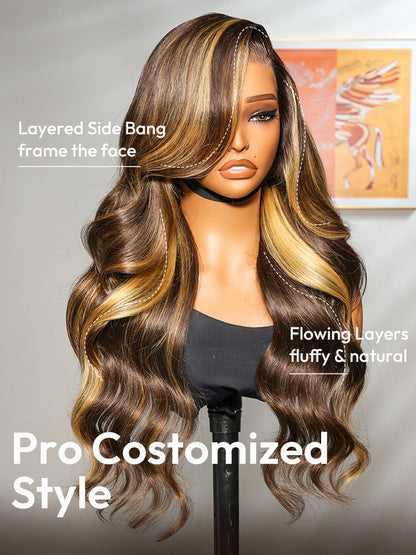 Glueless Honey Blonde Highlight Wigs Loose Body Wave 13x6 Lace Front Human Hair Wig