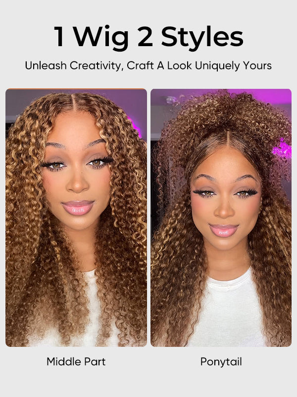 Glueless Invisi Drawstring 360 Lace Wig Curly Highlight Ombre Color Wig