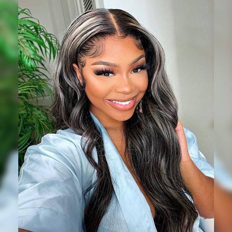 Body Wave Highlight Wigs Black Human Hair Wigs With Grey Highlights