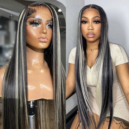 Straight Black Wigs With Gray Highlights Lace Front Wig
