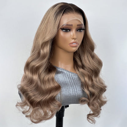 Ash Blonde Wig With Dark Roots Body Wave Ombre Lace Front Human Hair Wig