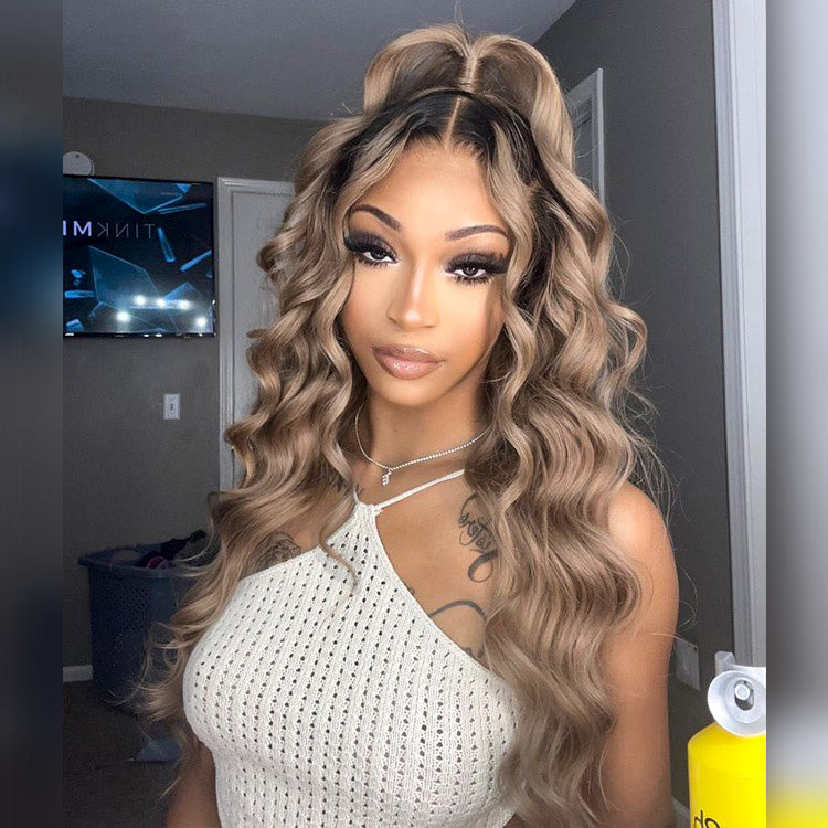 Ash Blonde Wig With Dark Roots Body Wave Ombre Lace Front Human Hair Wig