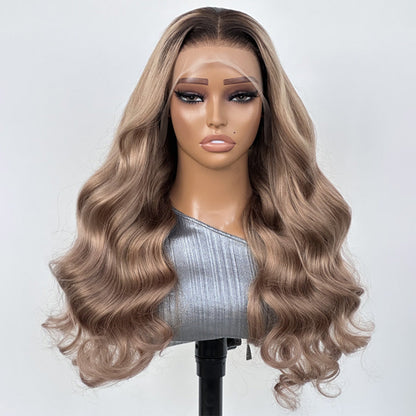 Ash Blonde Wig With Dark Roots Body Wave Ombre Lace Front Human Hair Wig