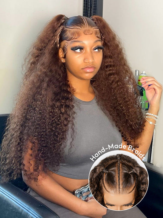 Brown Deep Wave Wig Knotless Pre-Braided 13x6 Parting Lace Front Wig