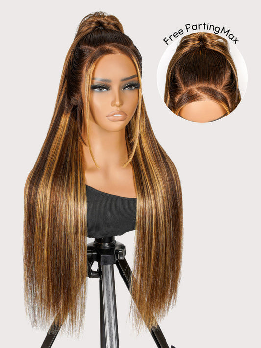 Brown and Honey Blonde Highlight Glueless Silky Straight 13x4 Lace Front Wig