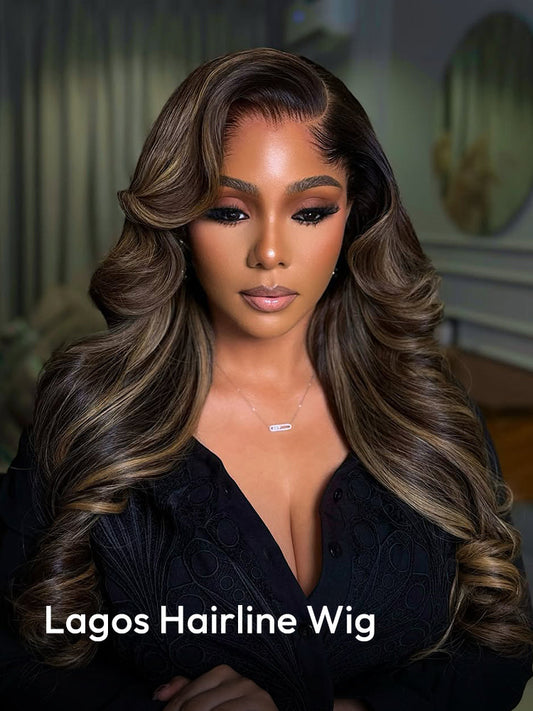Lagos Hairline Colored Wig Black And Honey Blonde Highlight With Body Wave 13x4 Lace Front Wig