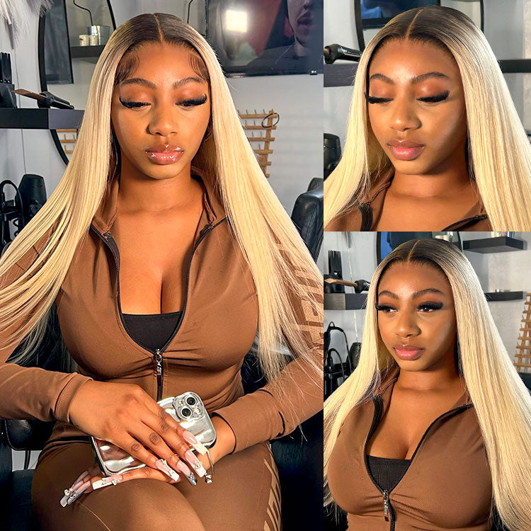 1b/613 Ombre Human Hair Straight Wigs Blonde With Dark Roots Lace Front Wig