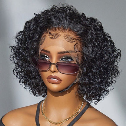 Jet Black / Brown Highlight Short Cut Slicked Back Curly Ear-to-ear Wide T Lace Wig