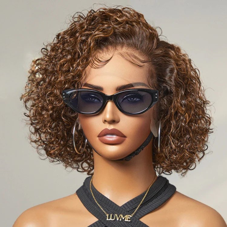 Jet Black / Brown Highlight Short Cut Slicked Back Curly Ear-to-ear Wide T Lace Wig