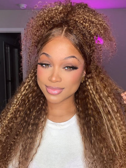Glueless Invisi Drawstring 360 Lace Wig Curly Highlight Ombre Color Wig