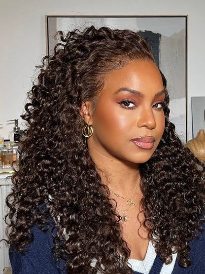 Chocolate Brown Deep Wave Invisi Strap Snug Fit 360 Lace Frontal Bleached Knots Glueless Lace Wig