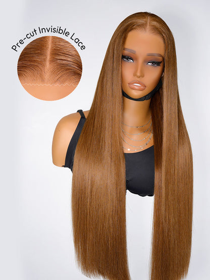 Glueless Caramel Brown Widows Peak M Hairline Silky Straight Transparent Lace Frontal Wig