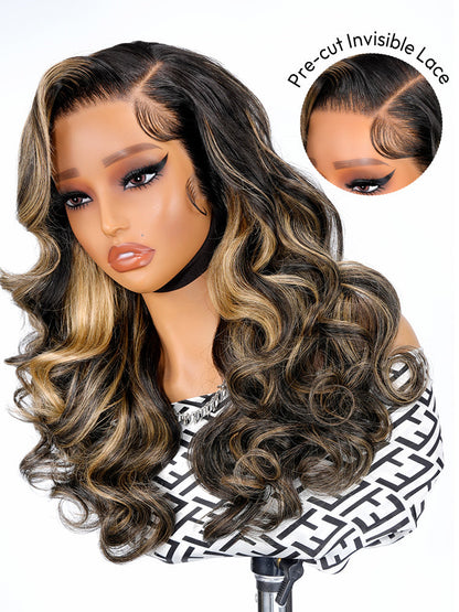 Black With Honey Blonde Highlight Layered Cut Body Wave 13x4 Lace Wigs